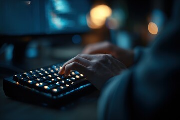 Poster - Person typing on a backlit keyboard in a dimly lit room during late-night hours engaged in work or gaming