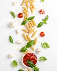 Poster - Pasta, tomatoes, basil, garlic, sauce, and cheese on white surface.