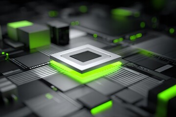 Poster - Close-up view of a high-tech circuit board featuring a central processor and vibrant green lighting effects