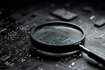 Poster - Detailed examination of a microchip on a circuit board with a magnifying glass in a dimly lit environment