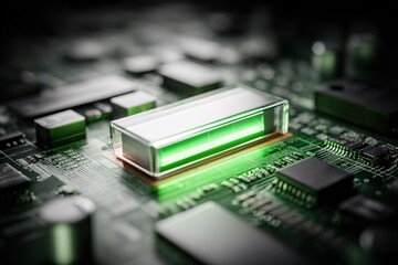 Poster - Modern circuit board with illuminated green component showcasing advanced technology and intricate design details