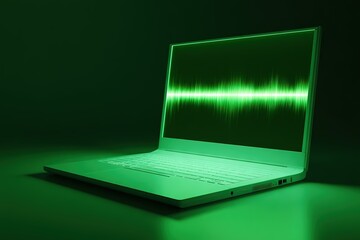 Fototapete - Sound waves visualized on a laptop screen with a vibrant green glow in a darkened environment