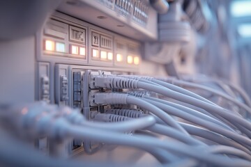 Poster - Network cables connected to a patch panel in a modern data center showcasing advanced technology and infrastructure