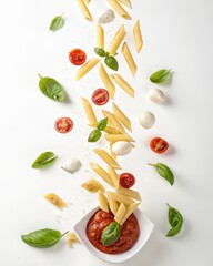 Poster - Pasta ingredients flat lay with raw penne, basil, garlic and tomato sauce on white background