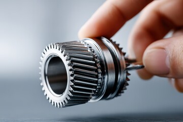 Poster - Detailed view of a hand holding a metallic gear component in a workshop setting at midday