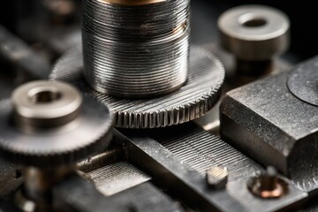 Poster - Close-up of intricate mechanical components showcasing gears and metal textures in a workshop environment