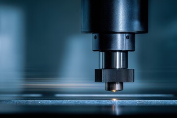 Poster - Laser cutting process in a modern manufacturing facility at nighttime focusing on precision and efficiency