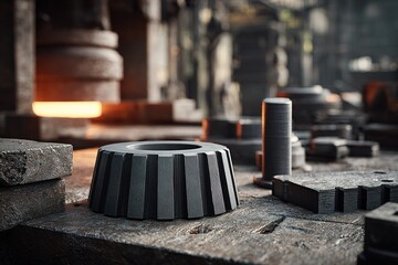 Poster - Various metal components laying on a workshop table in a foundry during the day, showcasing the intricate details of the manufacturing process