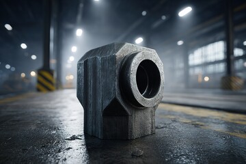 Poster - Industrial metal part on the floor of an empty warehouse with dramatic lighting and shadows