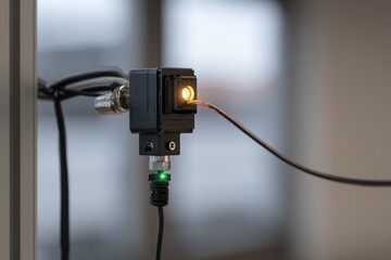 Poster - Device with glowing light and wires connected, showcasing technology and mechanics in modern setup
