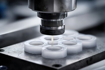 Poster - Precision machining process in a manufacturing facility using advanced equipment to create intricate plastic components