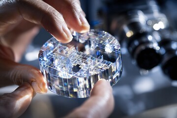 Poster - Laboratory technician examines a transparent crystal structure under a microscope in a scientific research facility