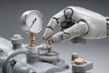 Poster - Robotic hand adjusting pressure gauge on industrial valve in a modern workshop setting