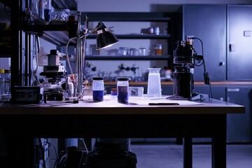 Poster - Laboratory workspace with glassware and equipment illuminated by a desk lamp during the evening hours