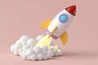 © MDMAHBUBUR - Cartoon Rocket Launching with White Clouds and Yellow Flames on Pale Pink Background