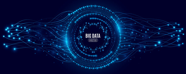 Poster - Digital futuristic background visualizing the concept of big data and data flow for Technology banner. Glowing blue lines and particle streams form a symmetrical wave pattern. Vector illustration.