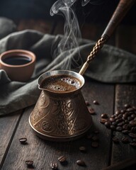 Poster - Traditional Turkish cezve with steaming coffee and roasted beans on wooden table