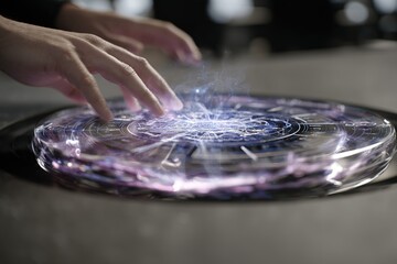 Poster - Mysterious glowing portal activated by a hand in a futuristic laboratory setting during the evening hour
