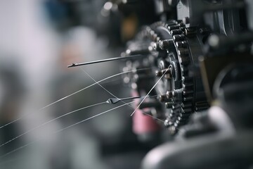 Poster - Close-up view of sewing machine components showcasing intricate mechanics and thread tension adjustment in a workshop setting