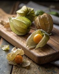 Aufkleber - wooden cutting board holds several ripe yellow tomatoes and green pods of acacitree.