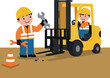 © DesignVectX - Construction workers repairing forklift with tools and safety gear vector illustration