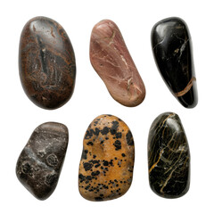 Poster - Smooth, polished stones various colors and textures, showcasing natural beauty and diversity. These stones include shades of black, brown, red, and gray, perfect for decorative purposes