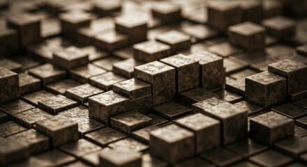 Aufkleber - Abstract 3D rendering of a textured, bronze-toned cube arrangement.  Irregular steps and patterns visible