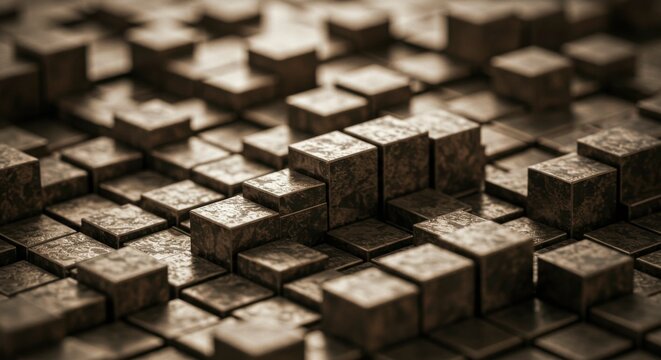 Abstract 3D rendering of a textured, bronze-toned cube arrangement.  Irregular steps and patterns visible