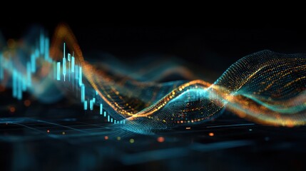 Poster - Abstract waves of data points in blue and orange financial graph