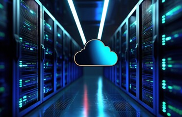 Poster - Blue 3D cloud icon floating in a glowing server room hallway with symmetrical racks and futuristic lighting, ideal for cloud infrastructure, hosting, or tech network concepts