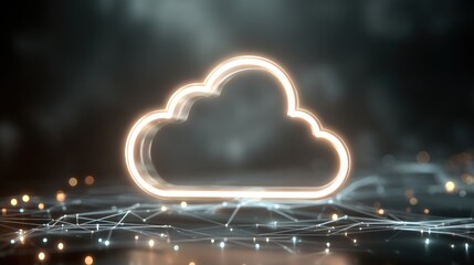 Poster - Glowing 3D cloud icon on a dark futuristic digital background with network connections and floating light nodes, ideal for cloud computing, storage, or data network concepts