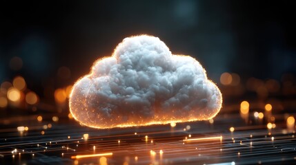 Fototapete - Realistic 3D fluffy cloud with glowing orange particles hovering over a digital circuit board background, perfect for cloud technology, computing, or data network visuals