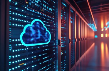 Poster - Glowing grid-style blue cloud icon on high-tech server racks with orange and blue hallway lighting, representing cloud computing, data storage, and futuristic IT networks