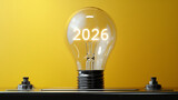 Duża, świecąca żarówka z numerem "2026" w środku, umieszczona na metalowej podstawie na tle jasnego, żółtego tła. Symbol przyszłych innowacji.