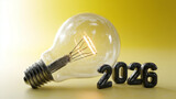 Samotna, zapalona żarówka z napisem "2026" leży na boku, symbolizując nadejście nowego roku i nadzieję na innowacje. Tło jest jednolite, żółte.