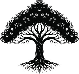 black silhouette tree with gray leaves and extensive roots detailed illustration