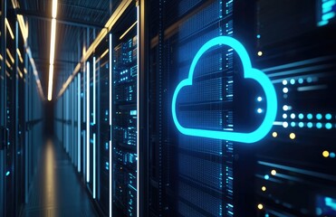 Poster - 3D render of modern data center corridor with glowing blue cloud icon on server racks, representing cloud computing, storage, and futuristic IT infrastructure systems