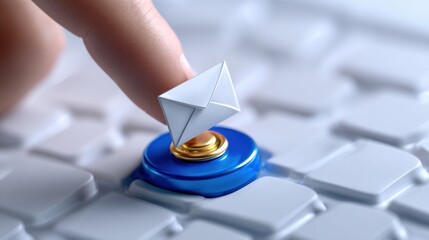 Aufkleber - A hand is pointing to a paper envelope on a keyboard