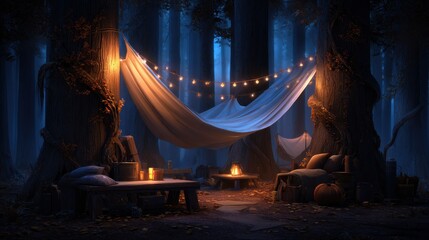 Poster - A scene of a forest with a white canopy tent