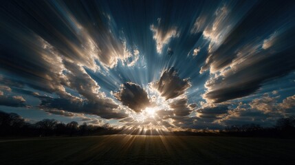 Aufkleber - A bright sun is shining through the clouds in a field