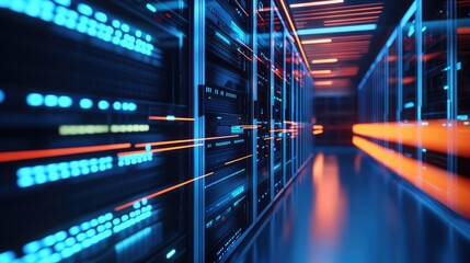 Poster - Futuristic server hallway with glowing blue racks and streaking orange light trails, representing ultra-fast cloud computing, data transfer, and modern digital infrastructure