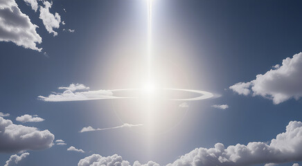 Wall Mural - against a clear blue sky, the sun is surrounded by halos, light rays, and clouds, presenting a myste