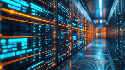 Poster - 3D rendering of a futuristic data center with glowing blue and orange lights representing cloud technology, secure data transmission, and digital infrastructure systems