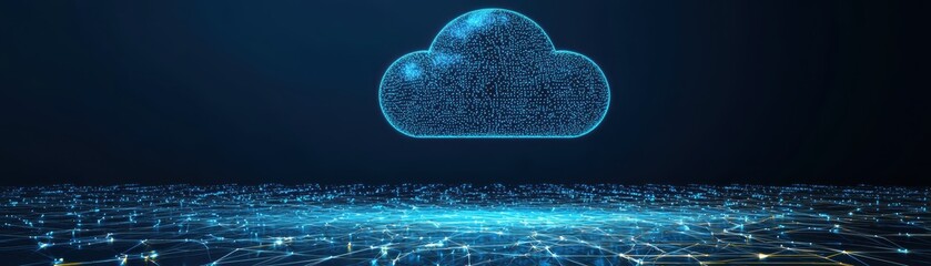 Poster - Digital cloud icon composed of glowing blue network nodes and lines hovers above a connected grid, symbolizing cloud computing and data networks in a futuristic setting