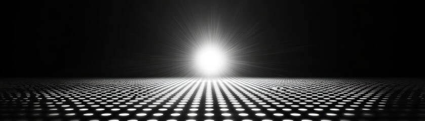 Poster - A bright white light glows on the horizon above a black surface patterned with white dots, creating a futuristic and abstract visual effect