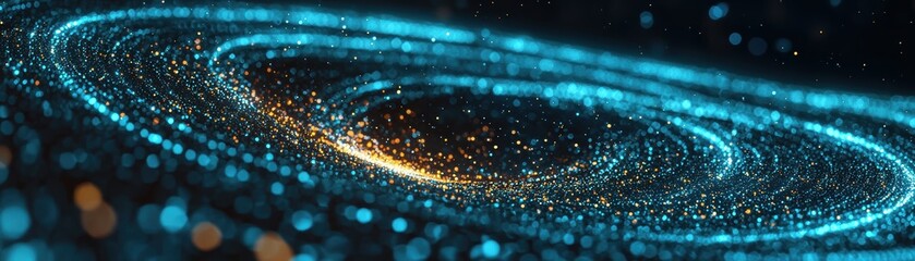 Poster - A swirling, glowing galaxy-like formation of blue and golden particles on a dark background, creating a cosmic, futuristic effect