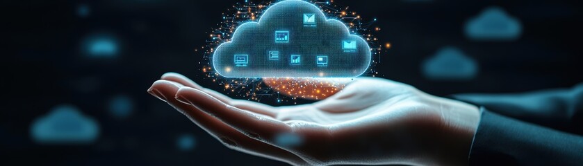 Poster - A digital hand holds a glowing cloud icon filled with data symbols, representing cloud computing and digital data storage in a futuristic tech environment