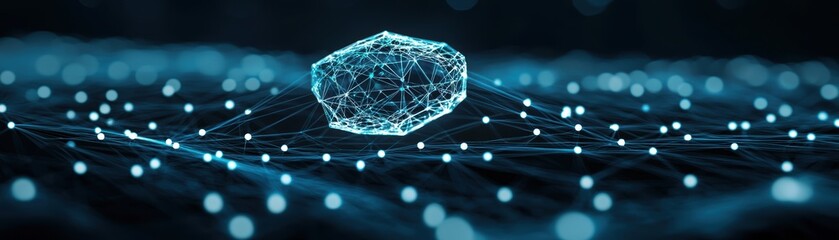 Poster - A digital representation of a glowing virus-like structure connected by a network of blue nodes and lines on a dark background