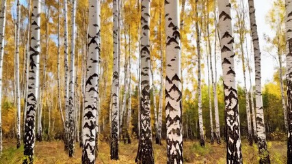 Wall Mural - Autumn Birch Forest with Falling Leaves, Capturing the beauty of a woodland with colorful foliage and tall trees