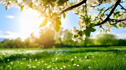 Wall Mural - Scenic vista of a lush green meadow filled with white wildflowers under a vibrant blue sky and apple blossom trees on branches on a sunny day.